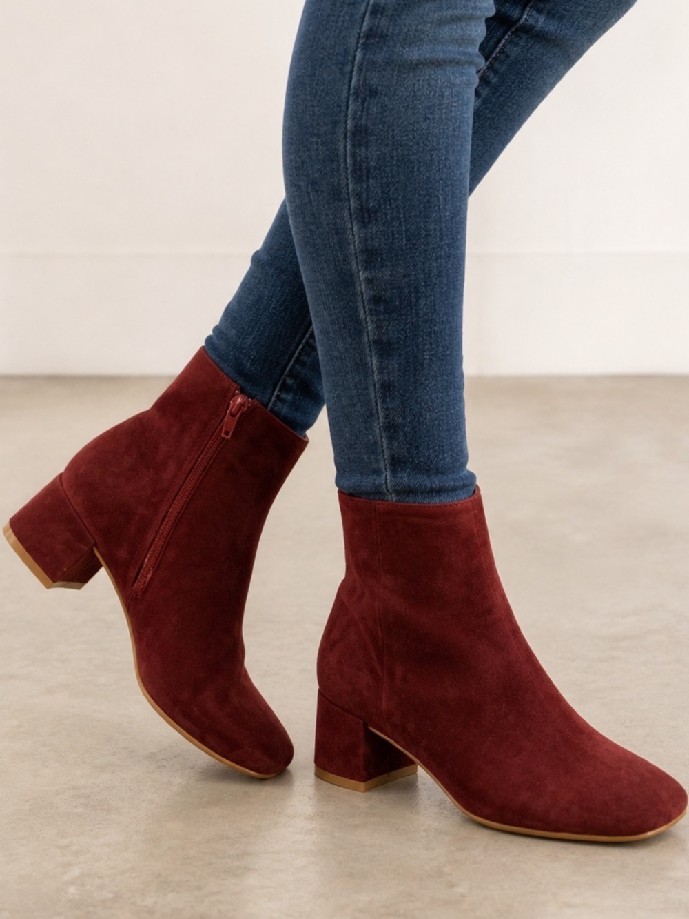 🆕 Genuine Suede Leather Ankle Boots  Zip Short Boots Burgundy Block H 1.5” 7